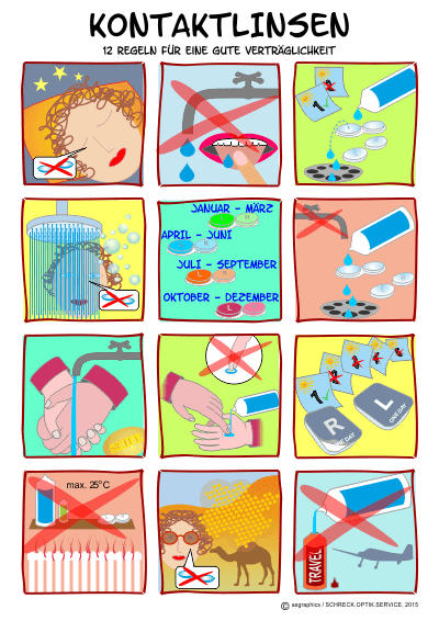 Poster mit 12 Regeln für das Tragen von Kontaktlinsen